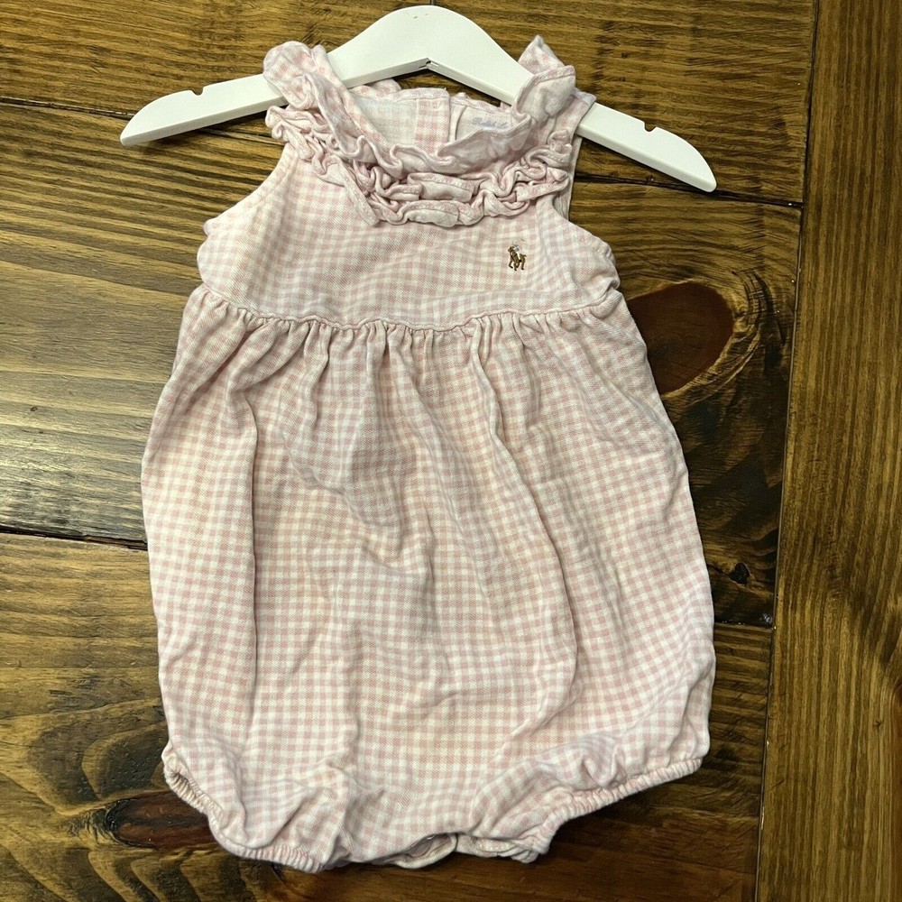 Ralph Lauren Infant Gingham Plaid Pink Bubble Romper 12 Months Sleeveless